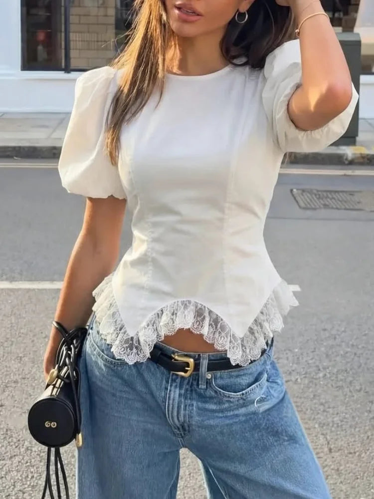 Casual Lace Insert Hem Blouse Women's Puff Sleeve Solid Round Neck Lace Up Zippers Tops 2026 Summer New Lady Fashion Shirt