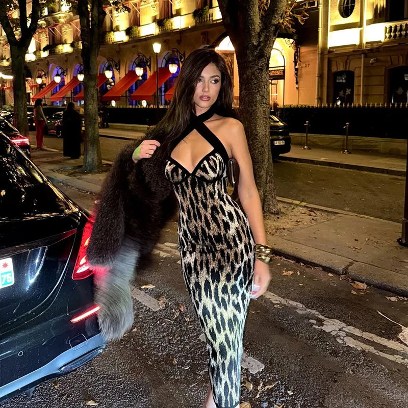 Leopard Halter Bodycon Midi Dress