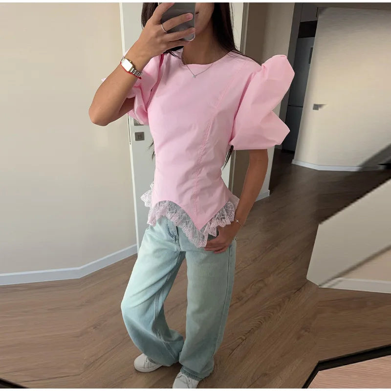 Casual Lace Insert Hem Blouse Women's Puff Sleeve Solid Round Neck Lace Up Zippers Tops 2026 Summer New Lady Fashion Shirt