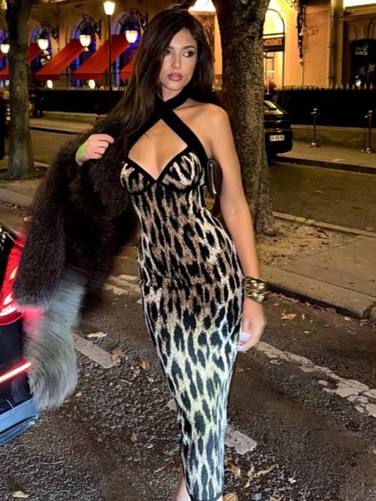 Leopard Halter Bodycon Midi Dress