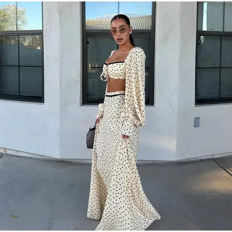 Women's Polka Dot 2-Piece Summer Outfit – Square Neck Lantern Sleeve Crop Top & High-Waist A-Line Maxi Skirt Set
