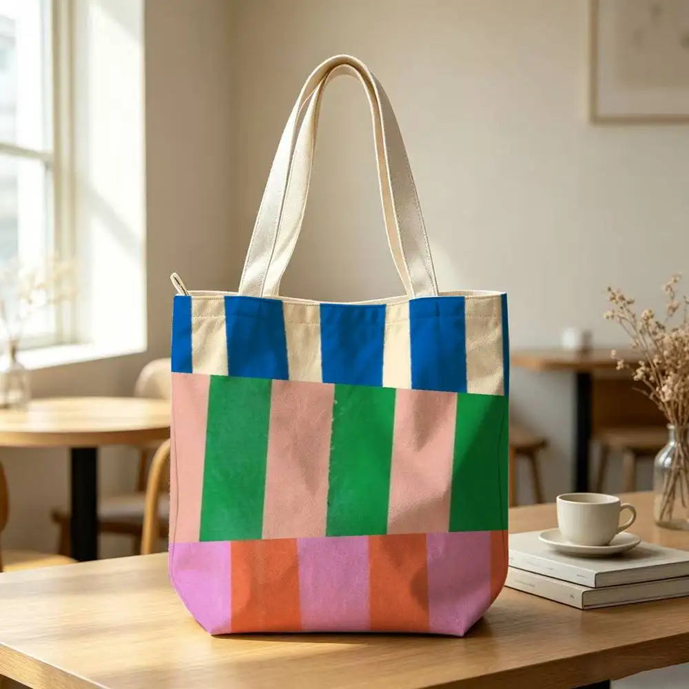Striped Color-Blocking Art Pattern Tote Bag for Women Reusable Shopping Tote Bag Zippered  Bags Print