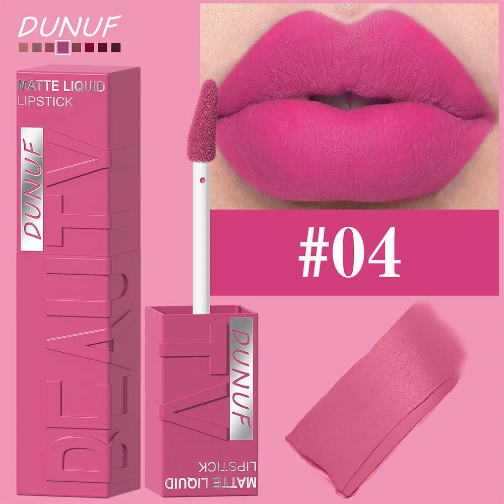 DUNUF Matte Velvet Lip Gloss – Waterproof Plumping Lipstick, 8 Shades