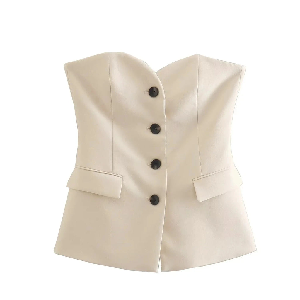 HH 2024 Women Solid Tube Top Pant Suit Sleeveless Off Shoulder Single Breasted Tube Top+All-match Straight Trousers Set TRAF