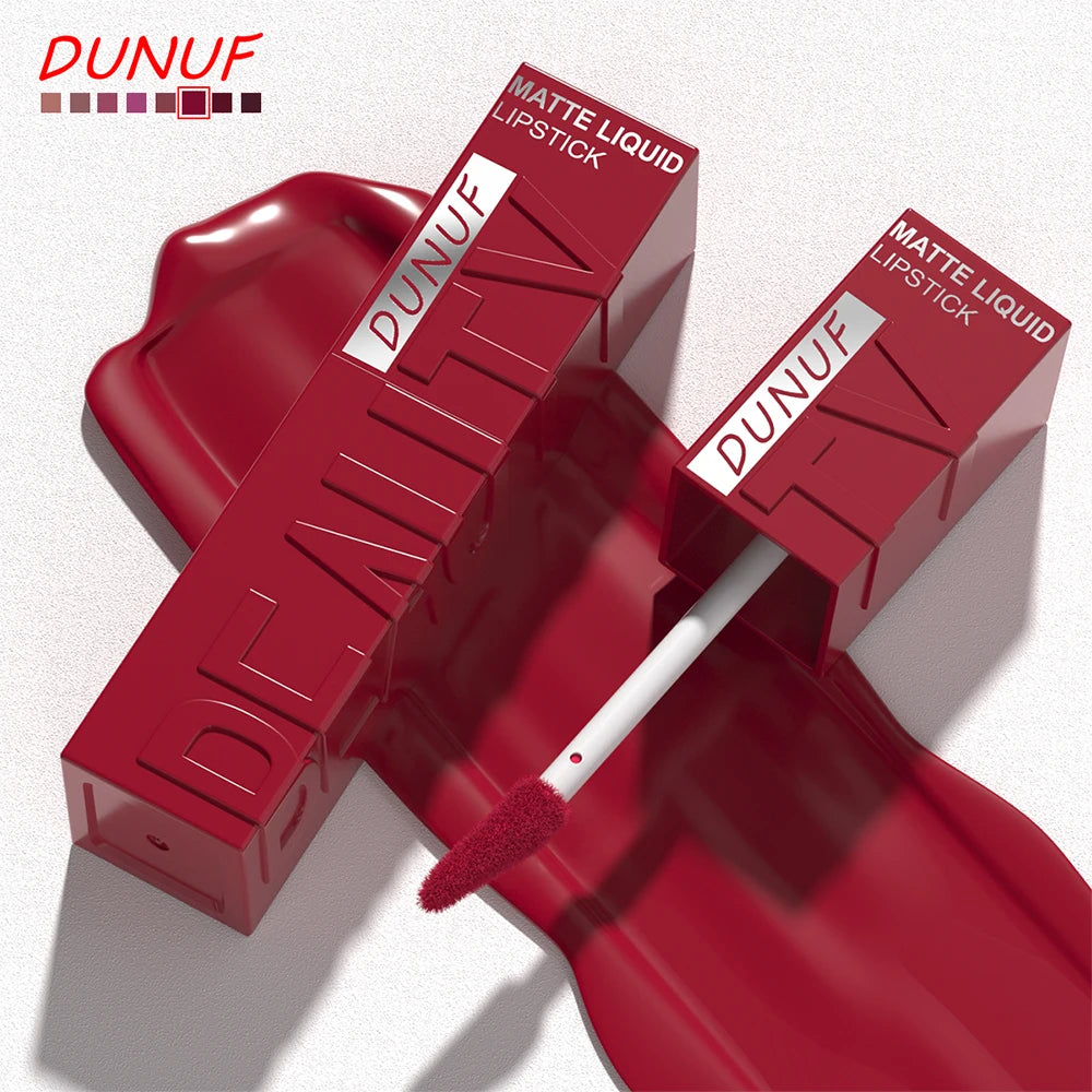 DUNUF Matte Velvet Lip Gloss – Waterproof Plumping Lipstick, 8 Shades