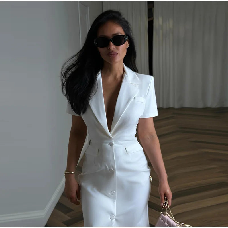 Elegant Single-breasted Blazers Dress 2026 Summer New Slim Waist-cinching Short Sleeve Lapel Long Robes Women's Solid Streetwear