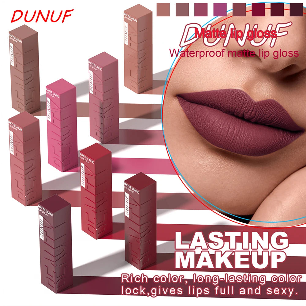 DUNUF Matte Velvet Lip Gloss – Waterproof Plumping Lipstick, 8 Shades