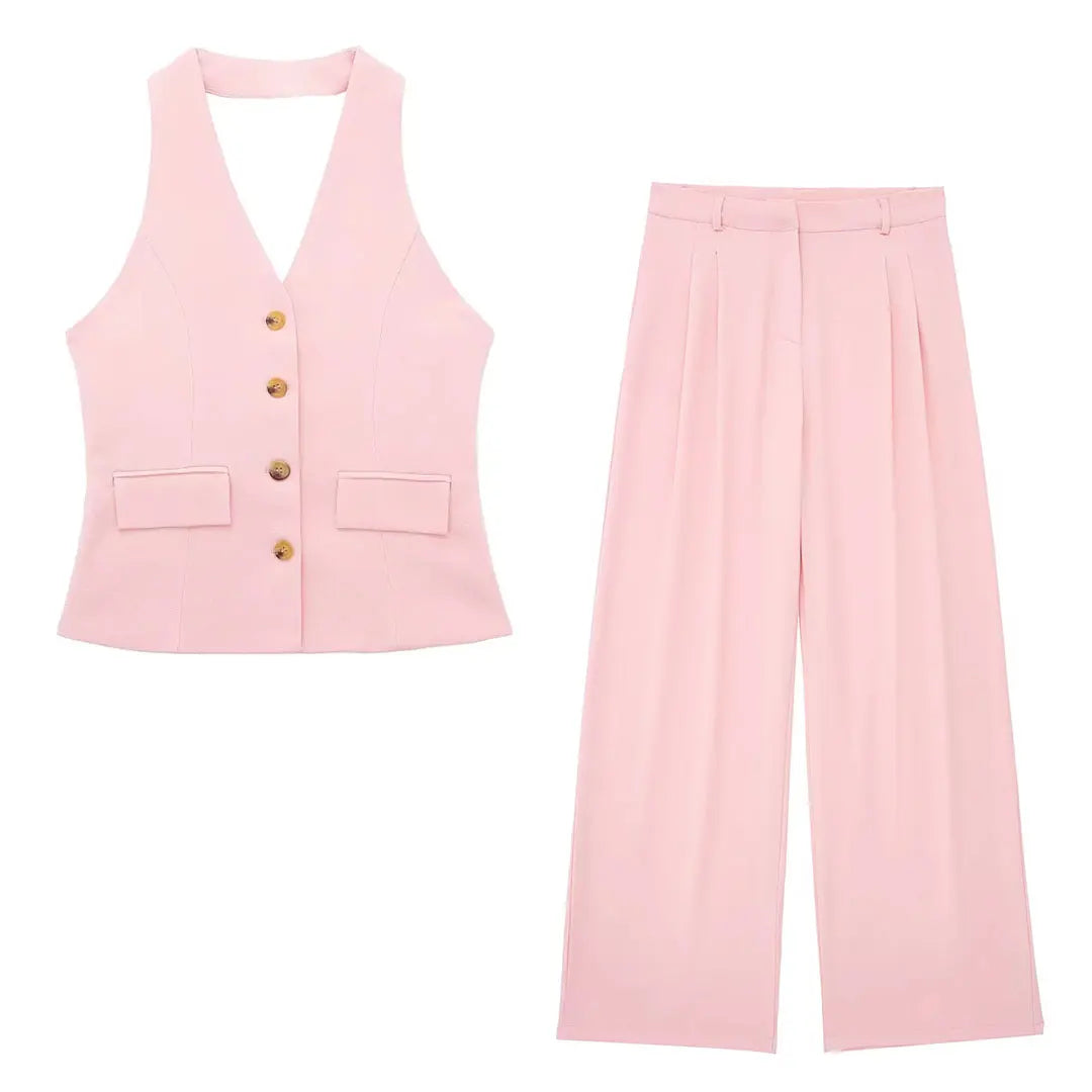 HH Women Fashion Solid Pant Suit Halter Single Breasted Sleeveless Blazer Vest Top Zipper Fly Trousers Office Lady Sets