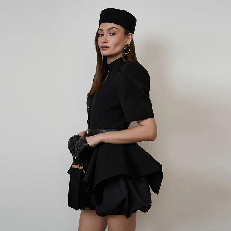 2026 Spring Chic Women Peplum Blazer Elegant High Neck Cutout Puff Sleeves Asymmetric Ruffled Hem Coat Lady Fashion Streetwear