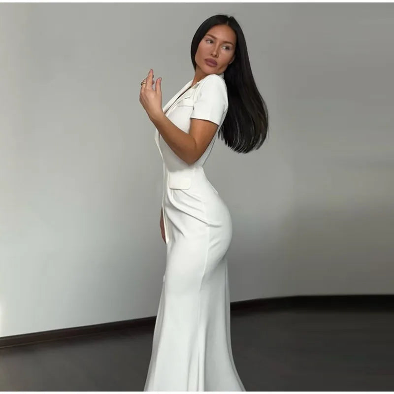 Elegant Single-breasted Blazers Dress 2026 Summer New Slim Waist-cinching Short Sleeve Lapel Long Robes Women's Solid Streetwear