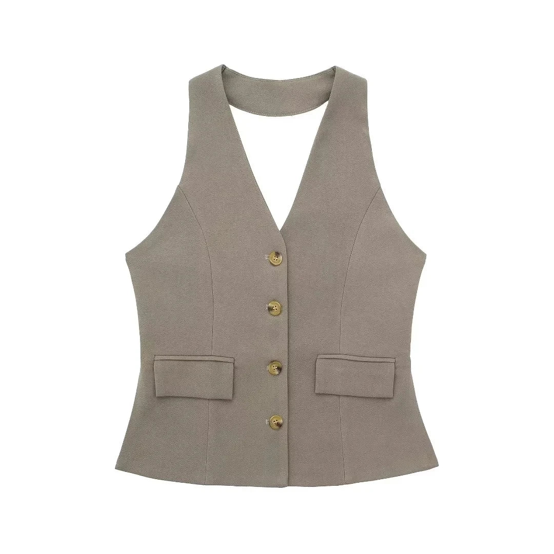 HH Women Fashion Solid Pant Suit Halter Single Breasted Sleeveless Blazer Vest Top Zipper Fly Trousers Office Lady Sets