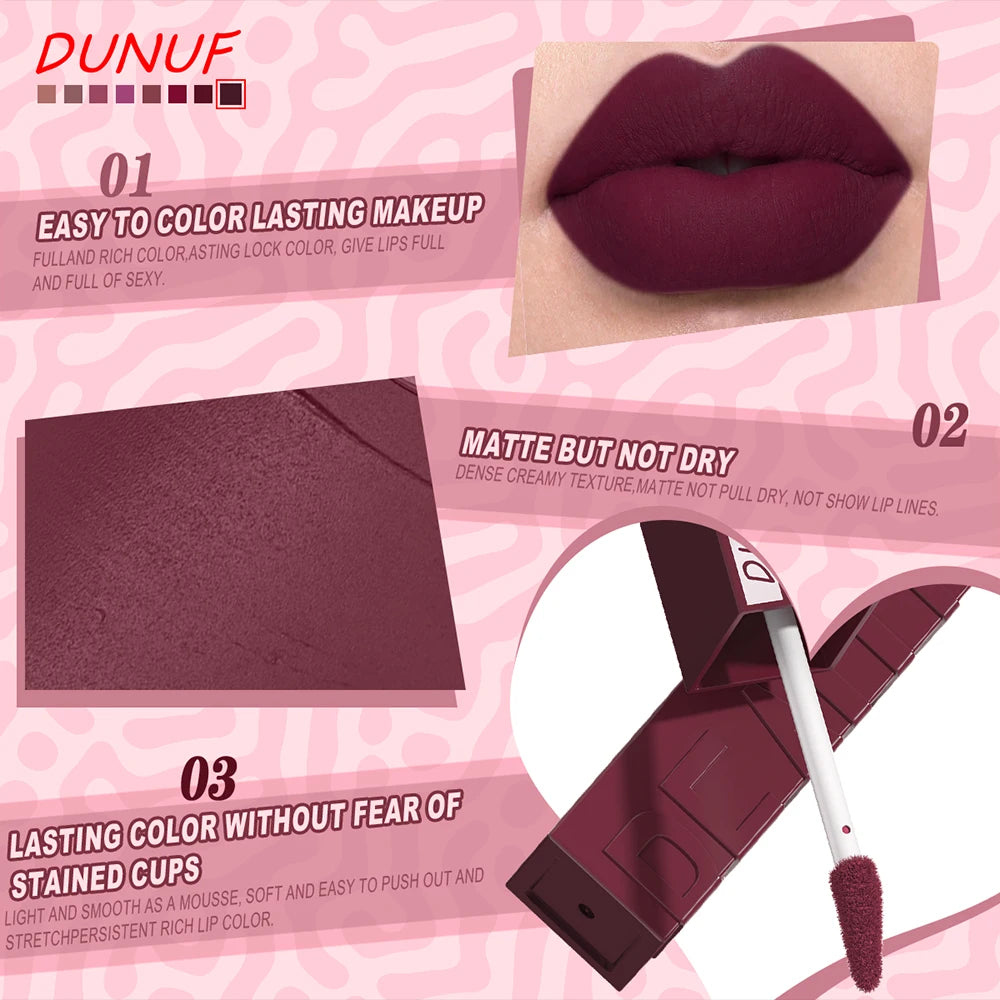 DUNUF Matte Velvet Lip Gloss – Waterproof Plumping Lipstick, 8 Shades