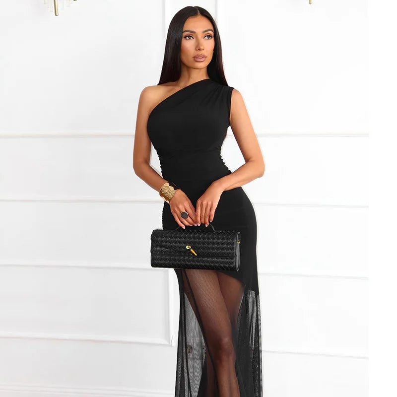 Sheer Off-Shoulder Backless Maxi Dress