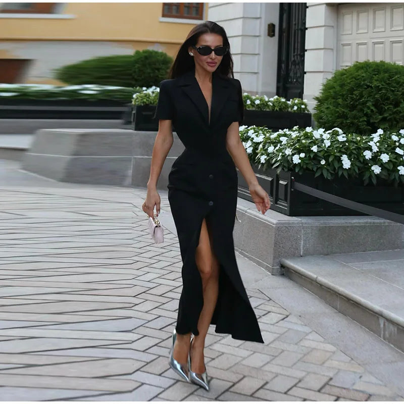 Elegant Single-breasted Blazers Dress 2026 Summer New Slim Waist-cinching Short Sleeve Lapel Long Robes Women's Solid Streetwear