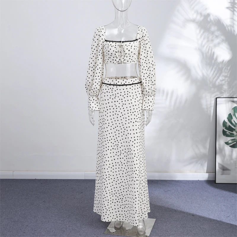Women's Polka Dot 2-Piece Summer Outfit – Square Neck Lantern Sleeve Crop Top & High-Waist A-Line Maxi Skirt Set