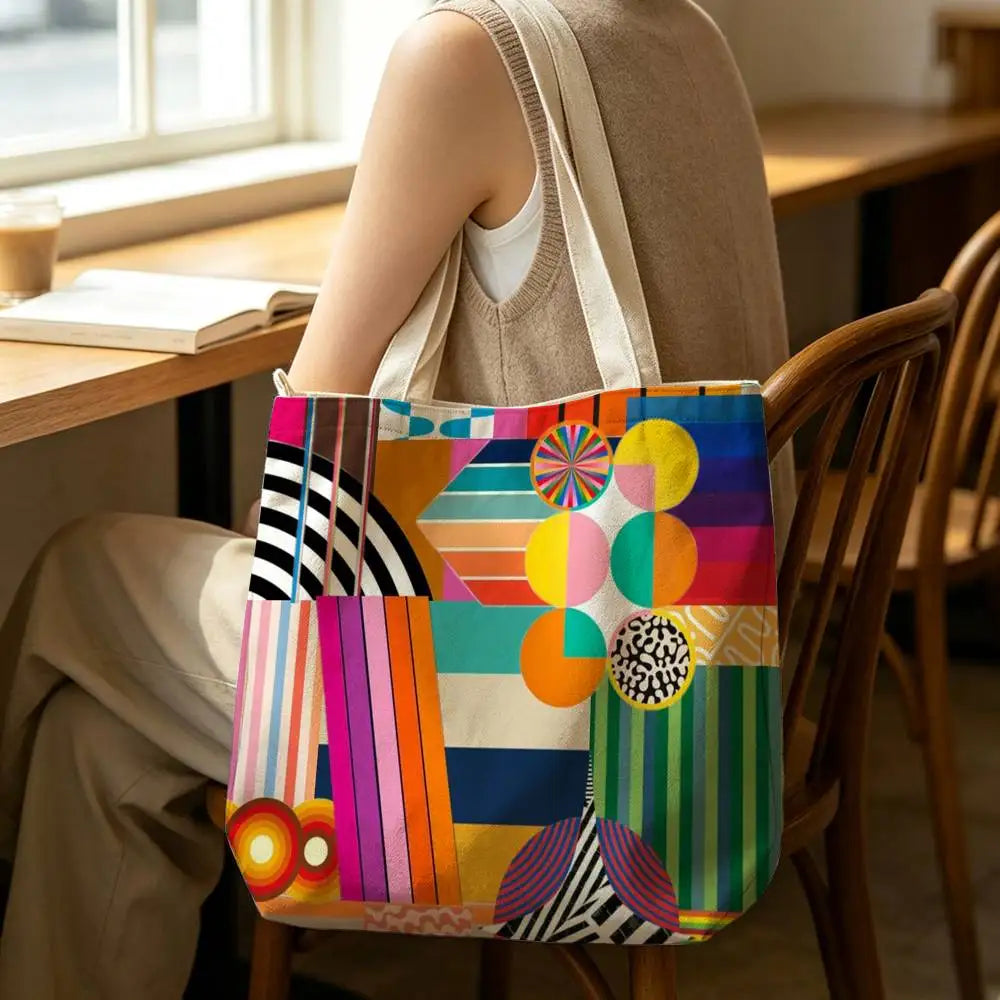 Striped Color-Blocking Art Pattern Tote Bag for Women Reusable Shopping Tote Bag Zippered  Bags Print