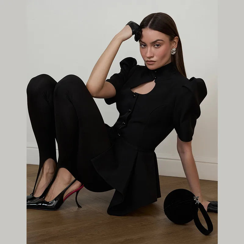 2026 Spring Chic Women Peplum Blazer Elegant High Neck Cutout Puff Sleeves Asymmetric Ruffled Hem Coat Lady Fashion Streetwear