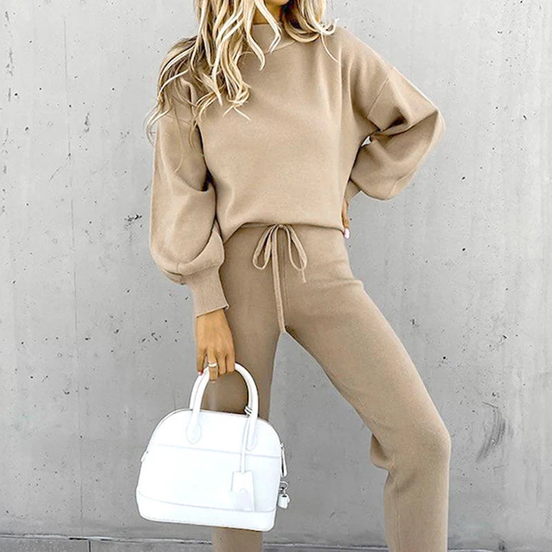 2025 Autumn and Winter Women's Sweater High Collar Casual Pure Color Trousers Two-piece Set