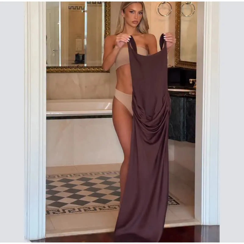 Elegant Solid Corset Sling Pleated Dress Women Brown Sexy Sleeveless Off Shoulder High Waist Maxi Dresses 2025 Lady Party Gown
