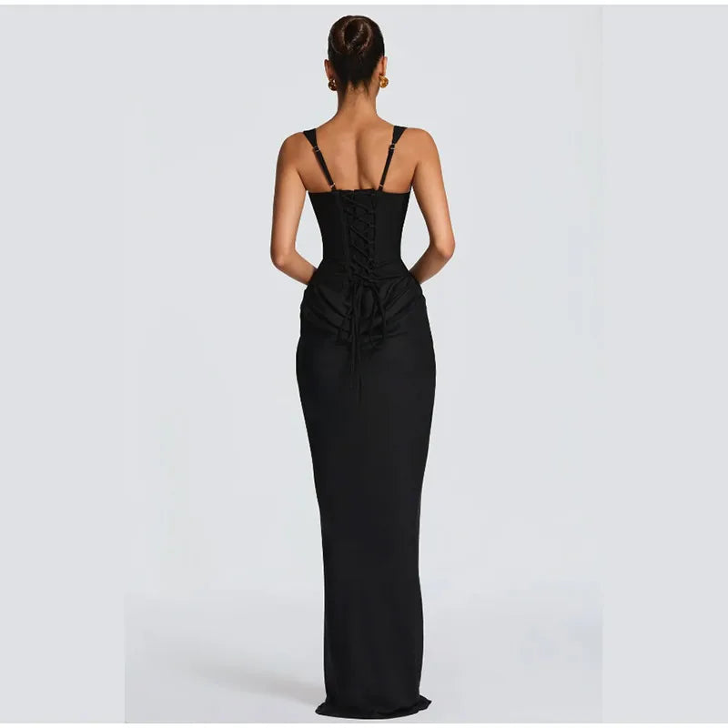 Elegant Solid Corset Sling Pleated Dress Women Brown Sexy Sleeveless Off Shoulder High Waist Maxi Dresses 2025 Lady Party Gown