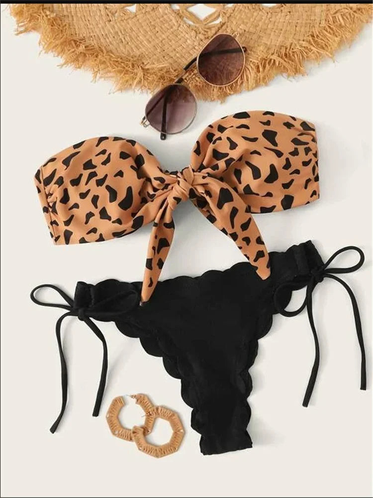 Women’s Leopard Print Push-Up Bikini Set – Sexy Lace-Up Bandeau & Ruffled Thong Swimsuit.