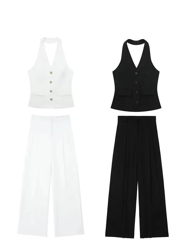 HH Women Fashion Solid Pant Suit Halter Single Breasted Sleeveless Blazer Vest Top Zipper Fly Trousers Office Lady Sets