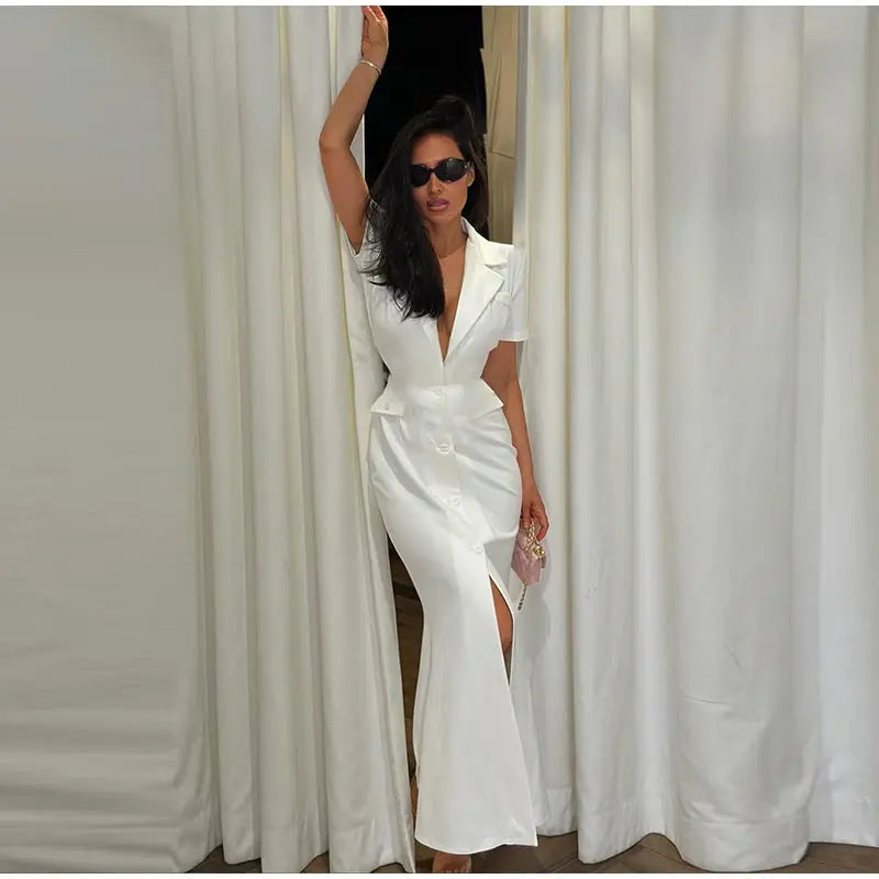 Elegant Single-breasted Blazers Dress 2026 Summer New Slim Waist-cinching Short Sleeve Lapel Long Robes Women's Solid Streetwear