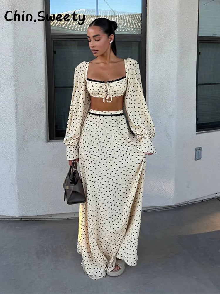 Women's Polka Dot 2-Piece Summer Outfit – Square Neck Lantern Sleeve Crop Top & High-Waist A-Line Maxi Skirt Set