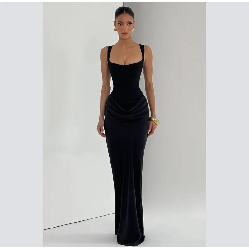 Elegant Solid Corset Sling Pleated Dress Women Brown Sexy Sleeveless Off Shoulder High Waist Maxi Dresses 2025 Lady Party Gown