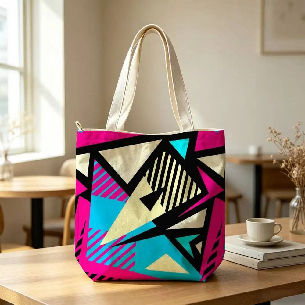 Striped Color-Blocking Art Pattern Tote Bag for Women Reusable Shopping Tote Bag Zippered  Bags Print