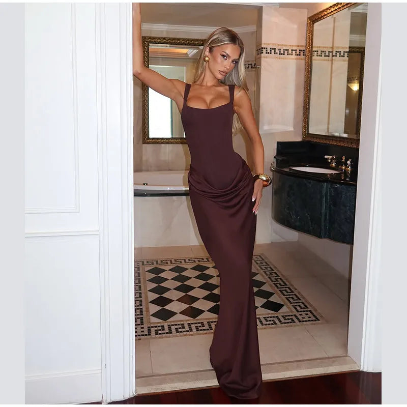 Elegant Solid Corset Sling Pleated Dress Women Brown Sexy Sleeveless Off Shoulder High Waist Maxi Dresses 2025 Lady Party Gown