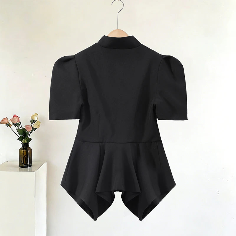2026 Spring Chic Women Peplum Blazer Elegant High Neck Cutout Puff Sleeves Asymmetric Ruffled Hem Coat Lady Fashion Streetwear