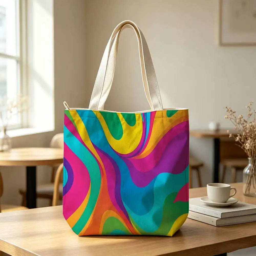 Striped Color-Blocking Art Pattern Tote Bag for Women Reusable Shopping Tote Bag Zippered  Bags Print