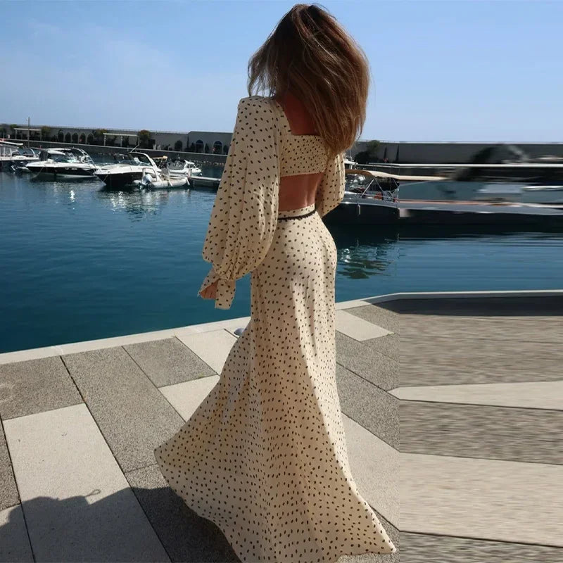 Women's Polka Dot 2-Piece Summer Outfit – Square Neck Lantern Sleeve Crop Top & High-Waist A-Line Maxi Skirt Set