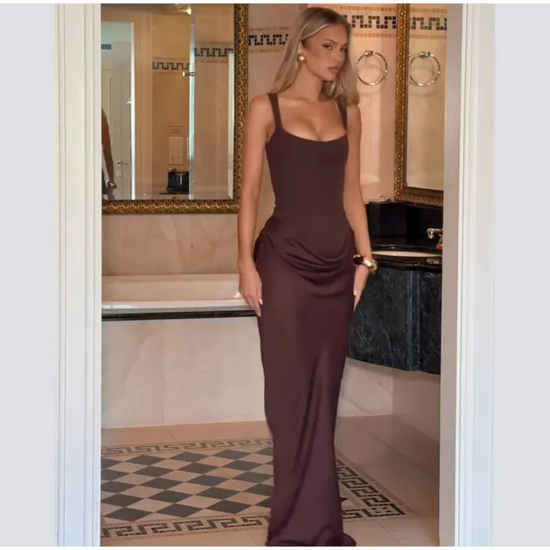 Elegant Solid Corset Sling Pleated Dress Women Brown Sexy Sleeveless Off Shoulder High Waist Maxi Dresses 2025 Lady Party Gown