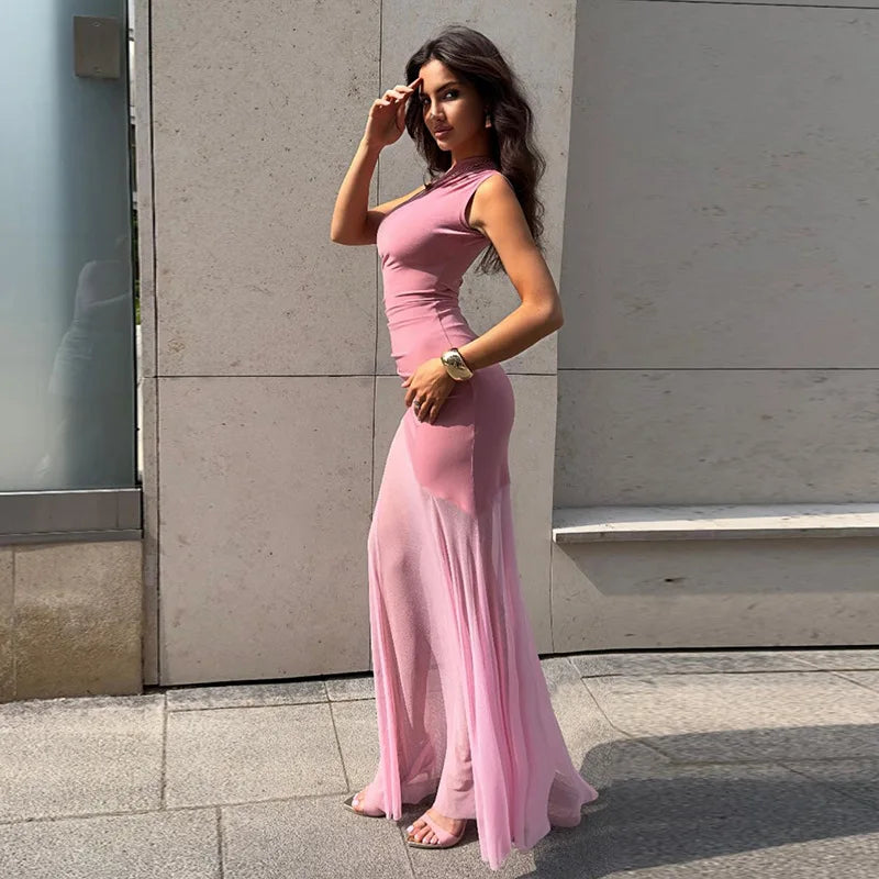 Sheer Off-Shoulder Backless Maxi Dress