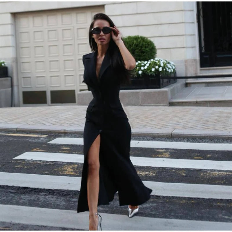 Elegant Single-breasted Blazers Dress 2026 Summer New Slim Waist-cinching Short Sleeve Lapel Long Robes Women's Solid Streetwear
