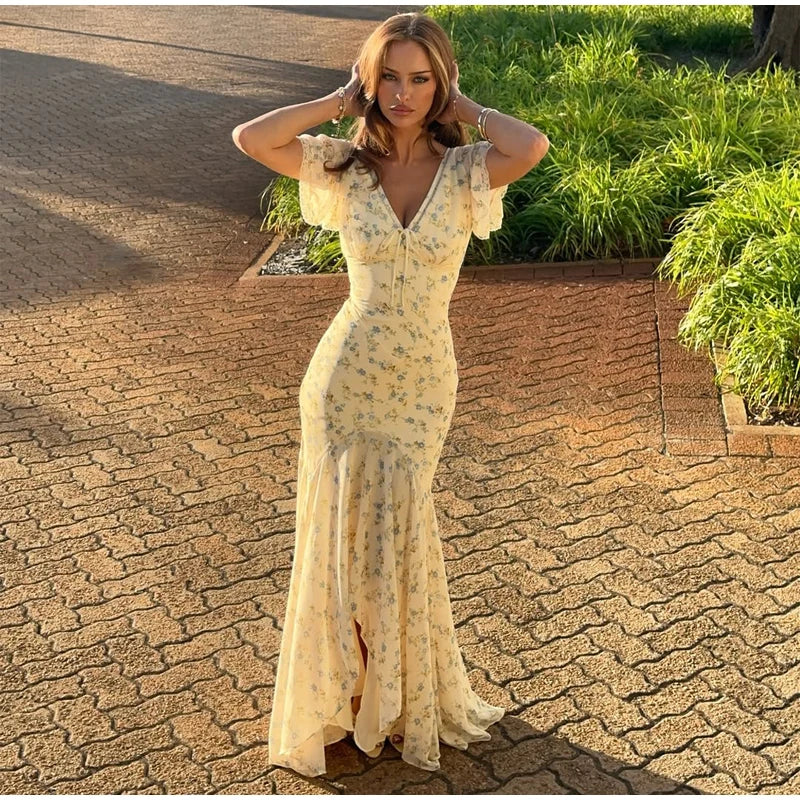 Floral V-Neck Fishtail Maxi Dress!