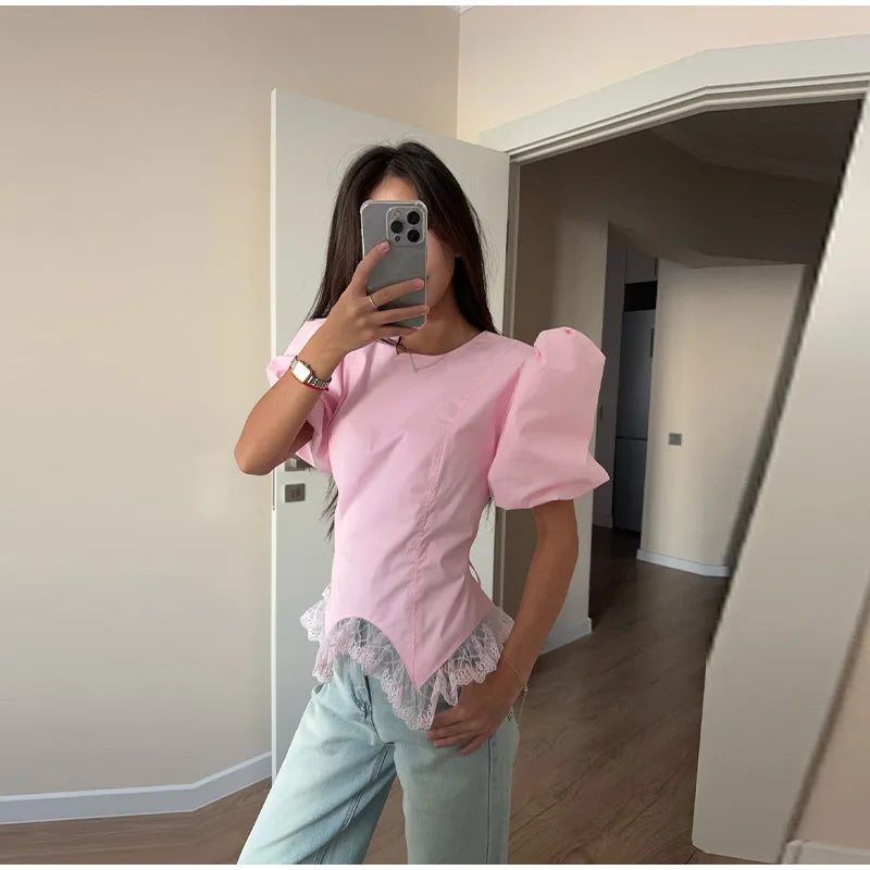 Casual Lace Insert Hem Blouse Women's Puff Sleeve Solid Round Neck Lace Up Zippers Tops 2026 Summer New Lady Fashion Shirt