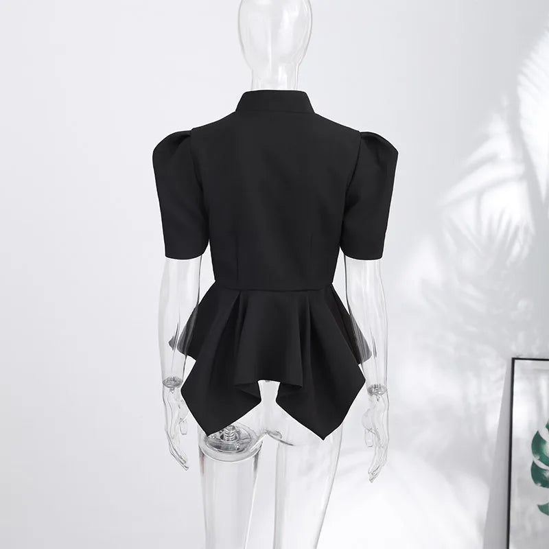 2026 Spring Chic Women Peplum Blazer Elegant High Neck Cutout Puff Sleeves Asymmetric Ruffled Hem Coat Lady Fashion Streetwear