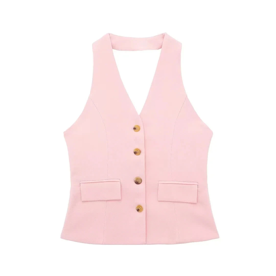 HH Women Fashion Solid Pant Suit Halter Single Breasted Sleeveless Blazer Vest Top Zipper Fly Trousers Office Lady Sets